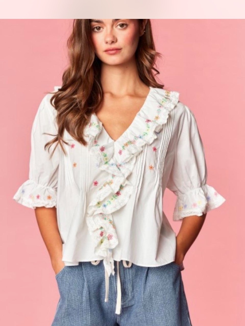 Rareraw Ruffle Embroidered White Floral Cotton Blouse
